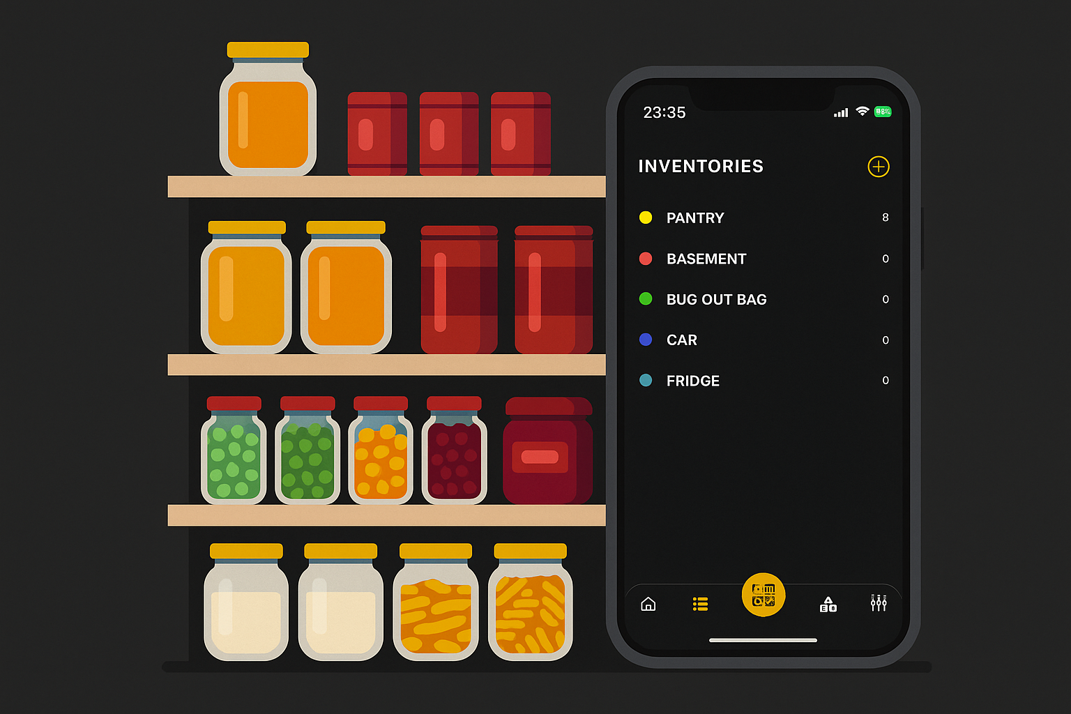 Phone showing a pantry inventory app for tracking groceries, expiration dates, and prepping supplies.