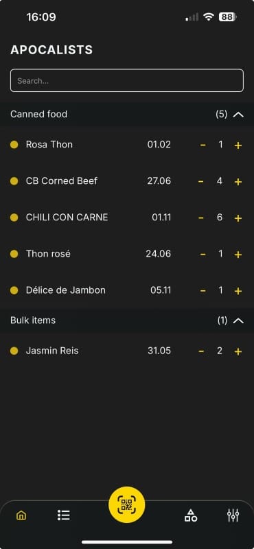 ss-1 Apocalists app screenshot showing grocery items organized into categories like dairy, produce, and canned goods
