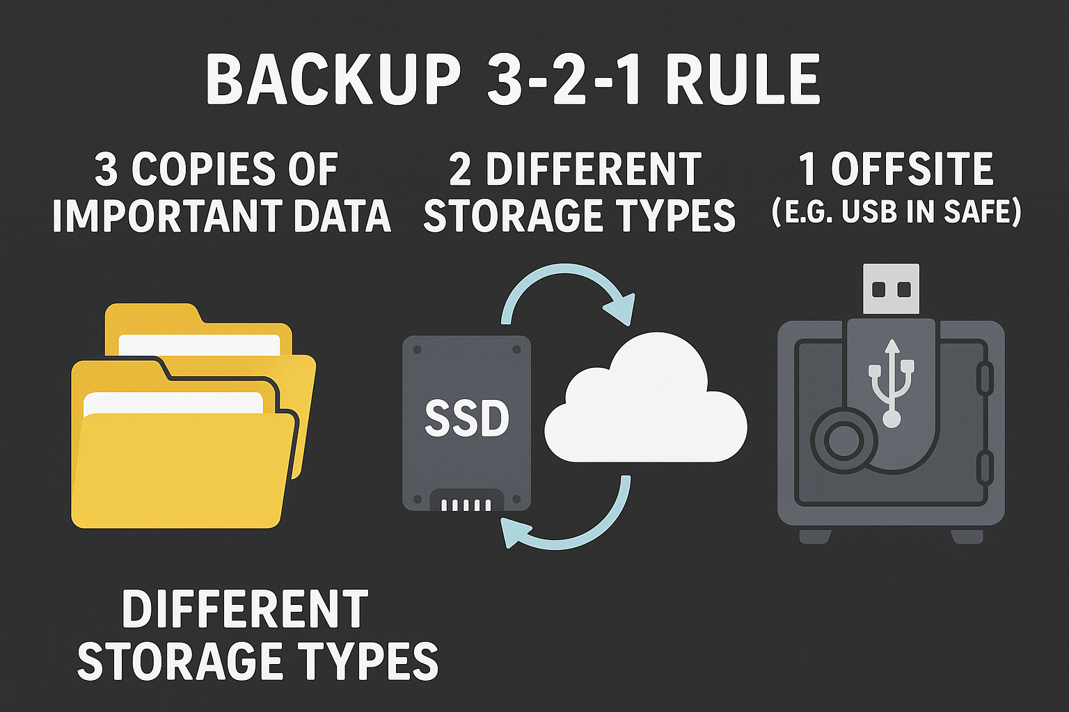 Infographic of the 3-2-1 backup rule showing three copies of data, two storage types, and one offsite backup like a USB in a safe