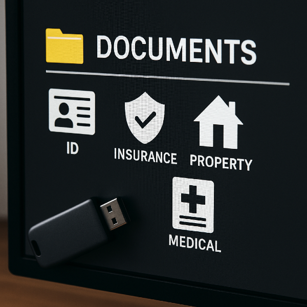 Illustration of a documents folder with icons for ID, insurance, property, and medical records, with a USB drive for backup