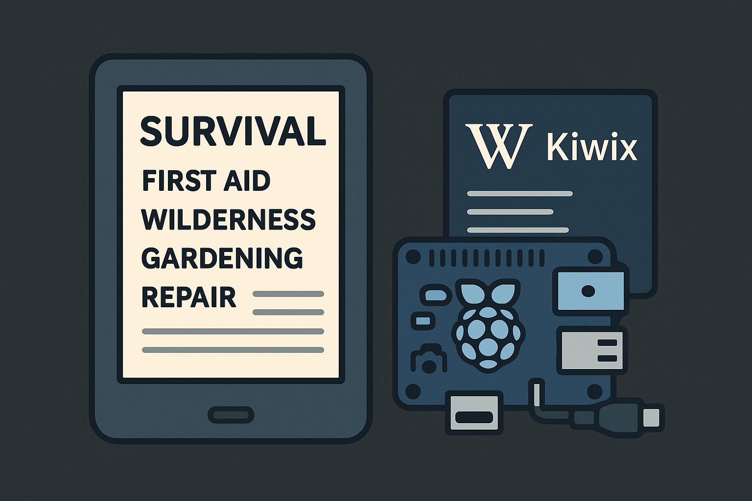 n e-reader with survival guides and a Raspberry Pi running Kiwix for offline Wikipedia and manuals.