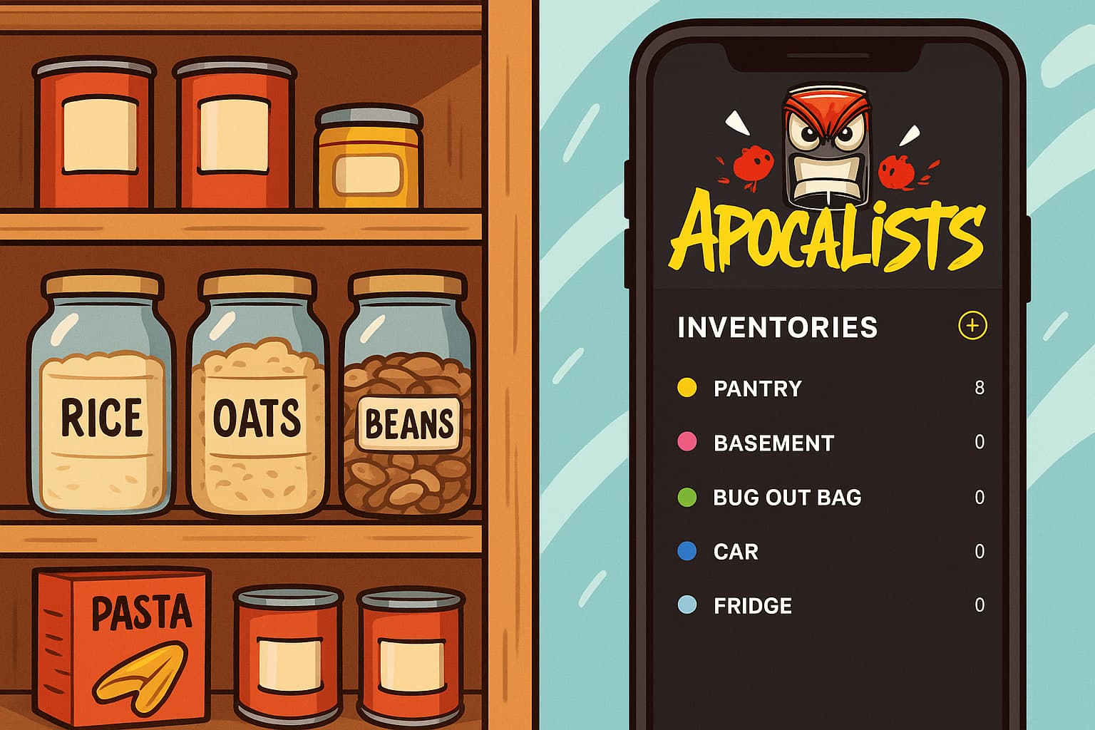 plit screen illustration with an organized pantry shelf on one side and the Apocalists app on a smartphone with expiry reminders on the other, showing two ways to track a rotating pantry.