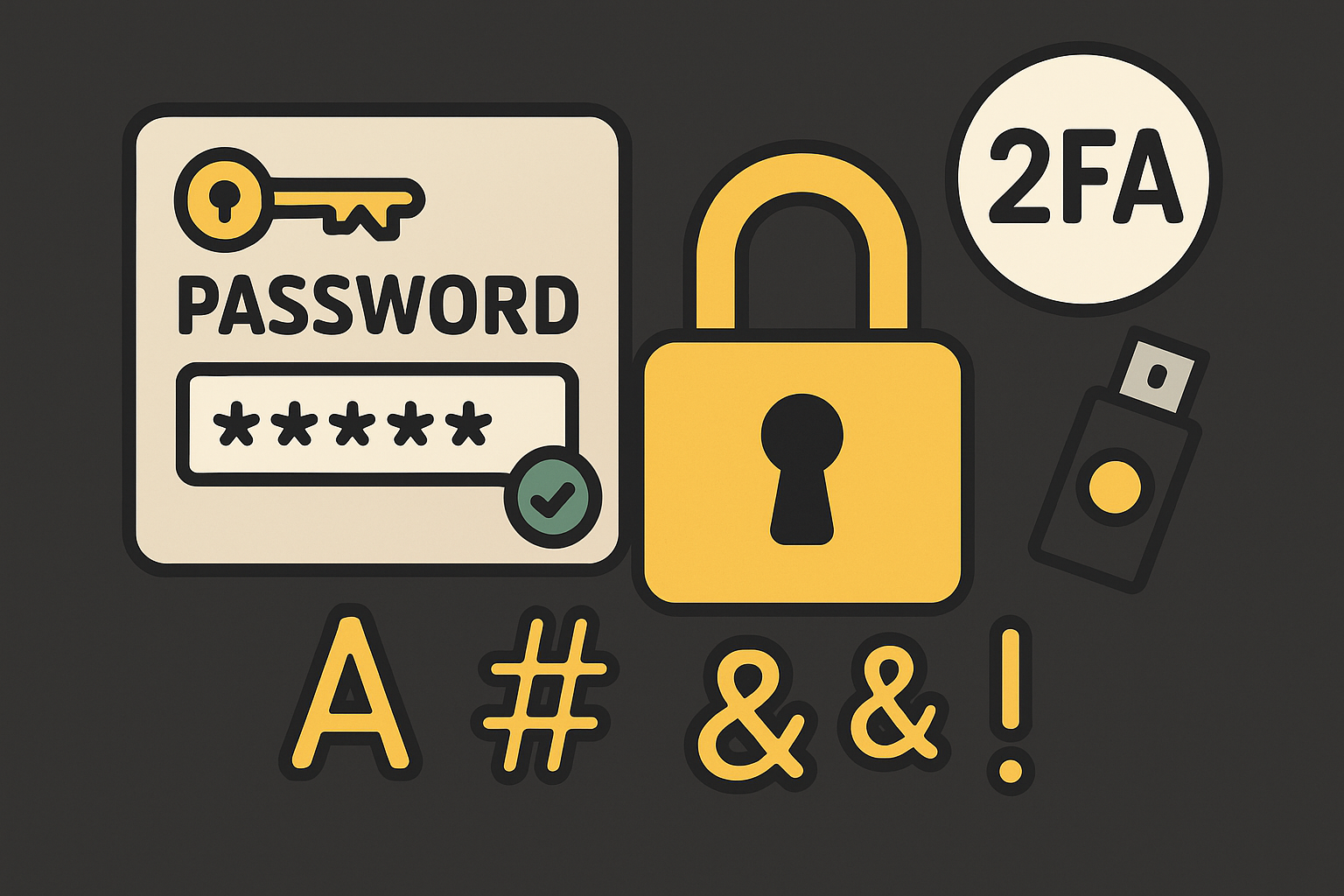 Digital illustration showing password security best practices with a lock, password manager, 2FA symbol, and a USB key for two-factor authentication