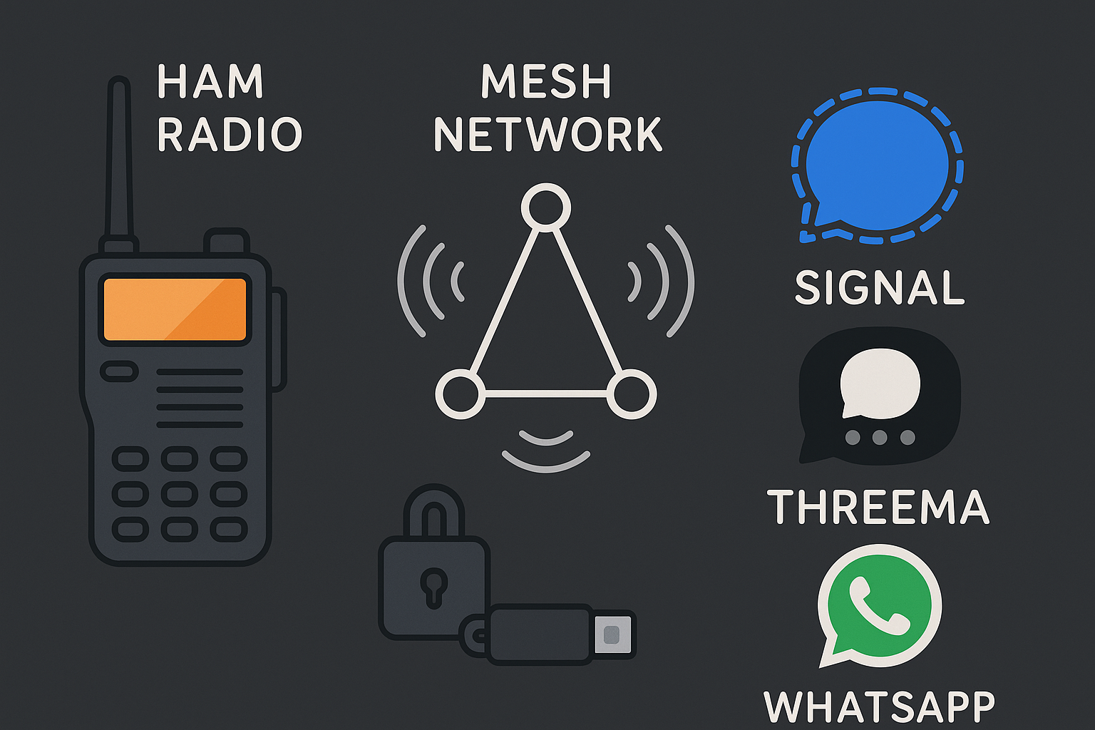 Illustration of secure communication options including HAM radio, mesh networks, and encrypted messaging apps like Signal.