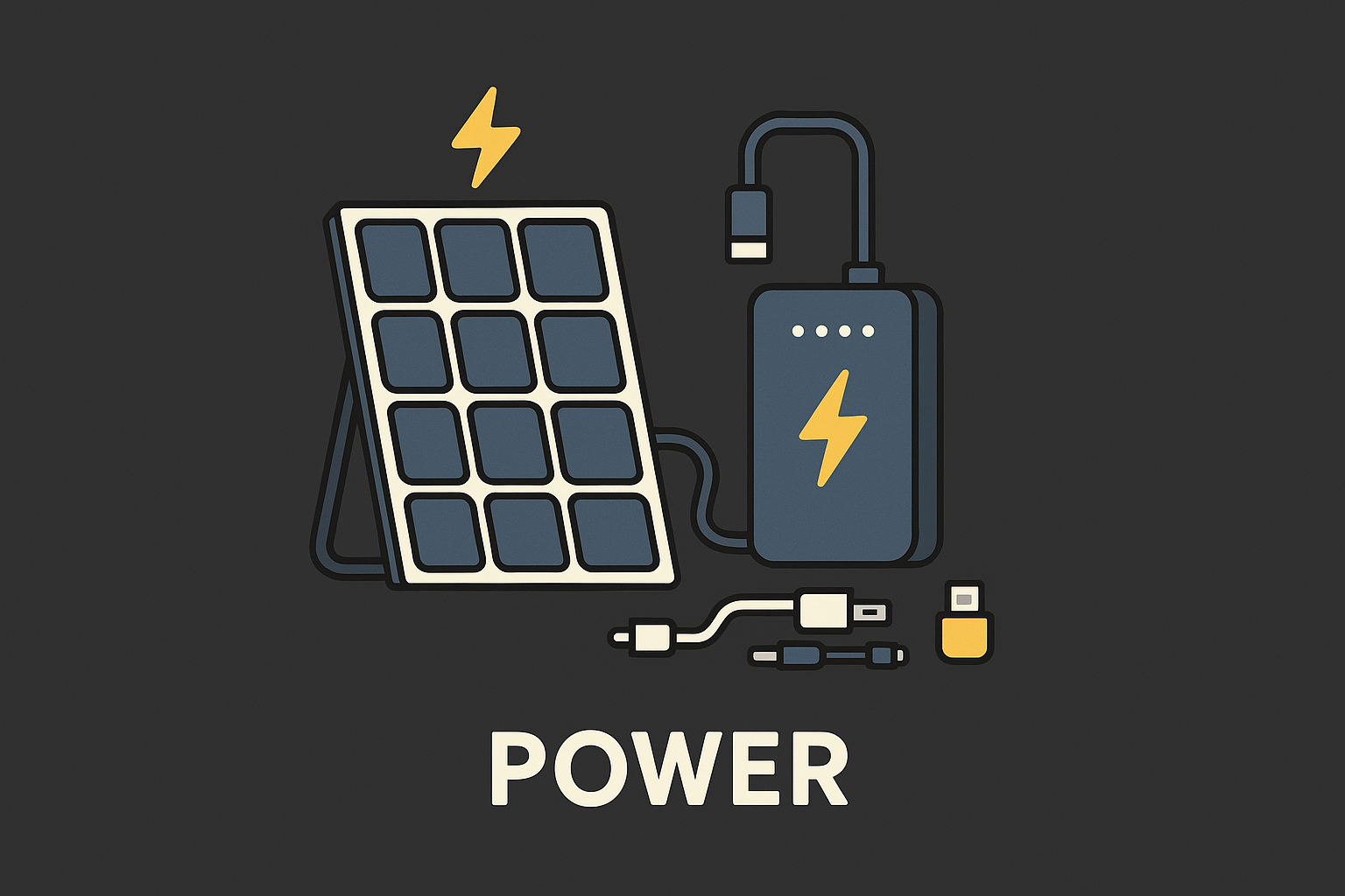 Solar panel charging a portable power bank with extra cables and adapters shown.