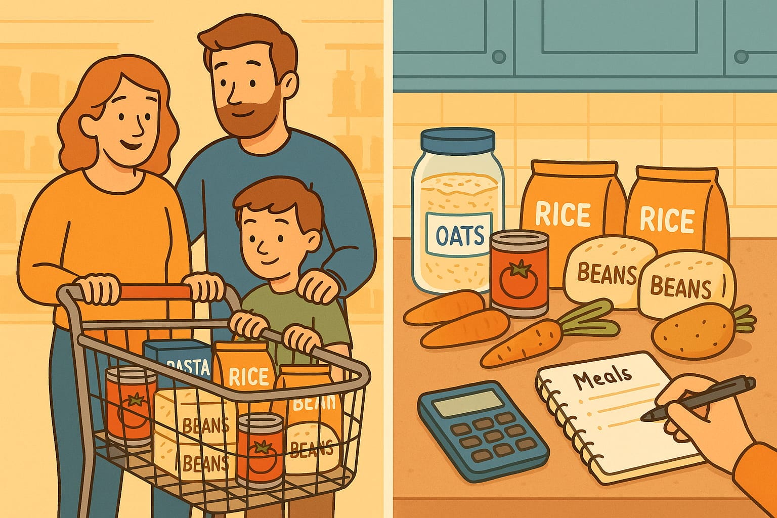 plit illustration showing a family shopping cart with rice, pasta, beans, and canned tomatoes, and at home groceries laid out on a counter with a notepad to track meals.