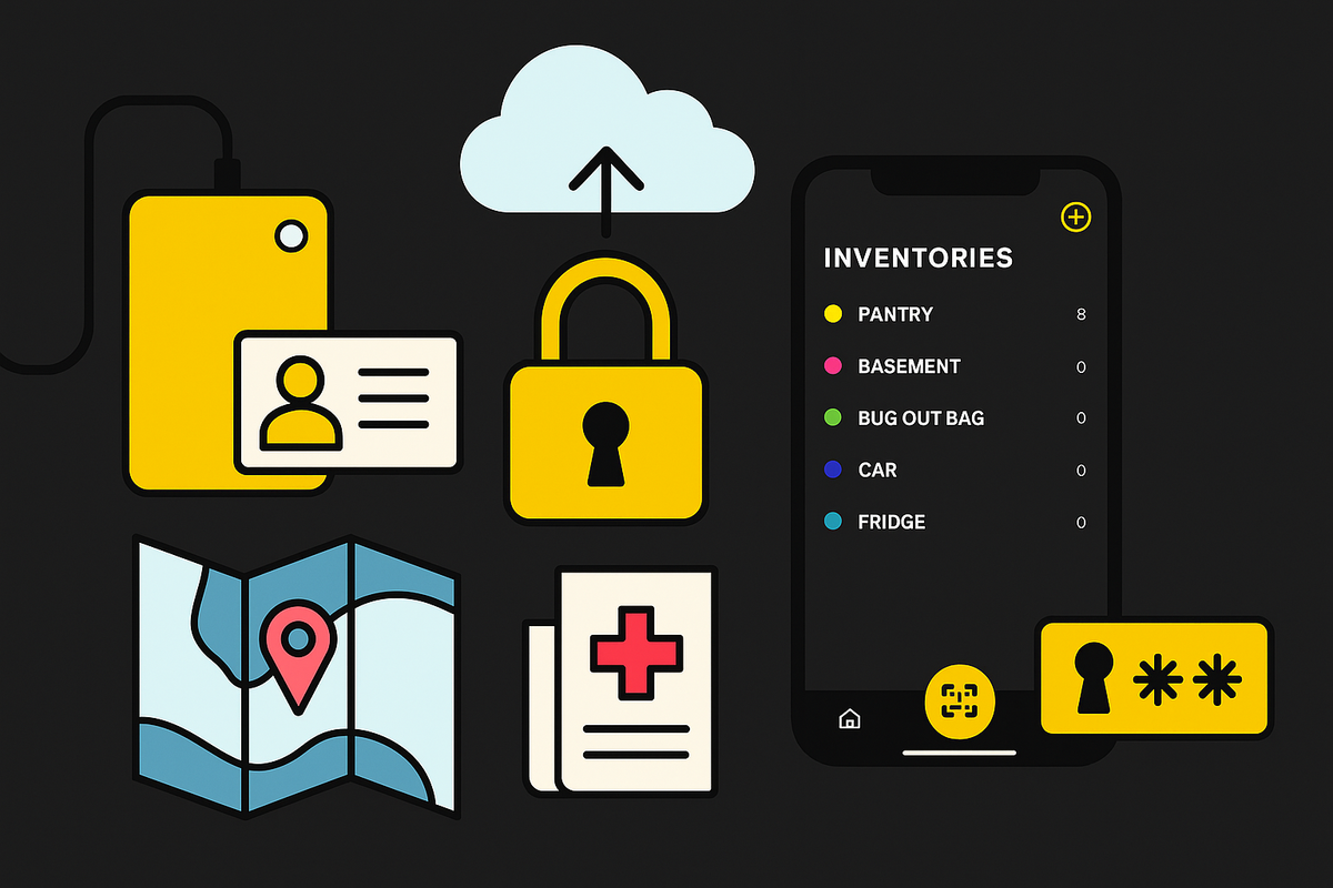 Flat-style banner illustration of digital prepping with laptop, phone, and Apocalists pantry app, plus icons for backups, security, communication, power, and food storage.