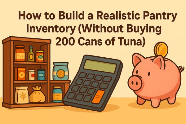 _Organized pantry shelves with jars of rice, beans, and pasta, plus a piggy bank and calculator symbolizing food security and saving money