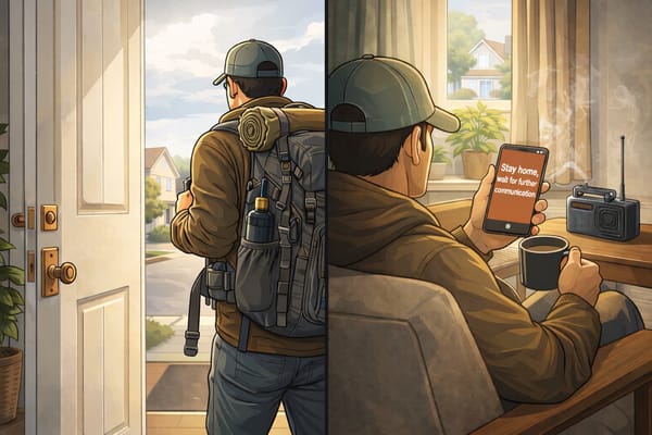 llustration showing the decision between leaving with a backpack and staying home after receiving an emergency alert.