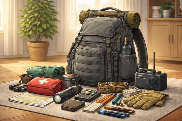 Illustration of a realistic 72-hour go bag with essential supplies laid out indoors.
